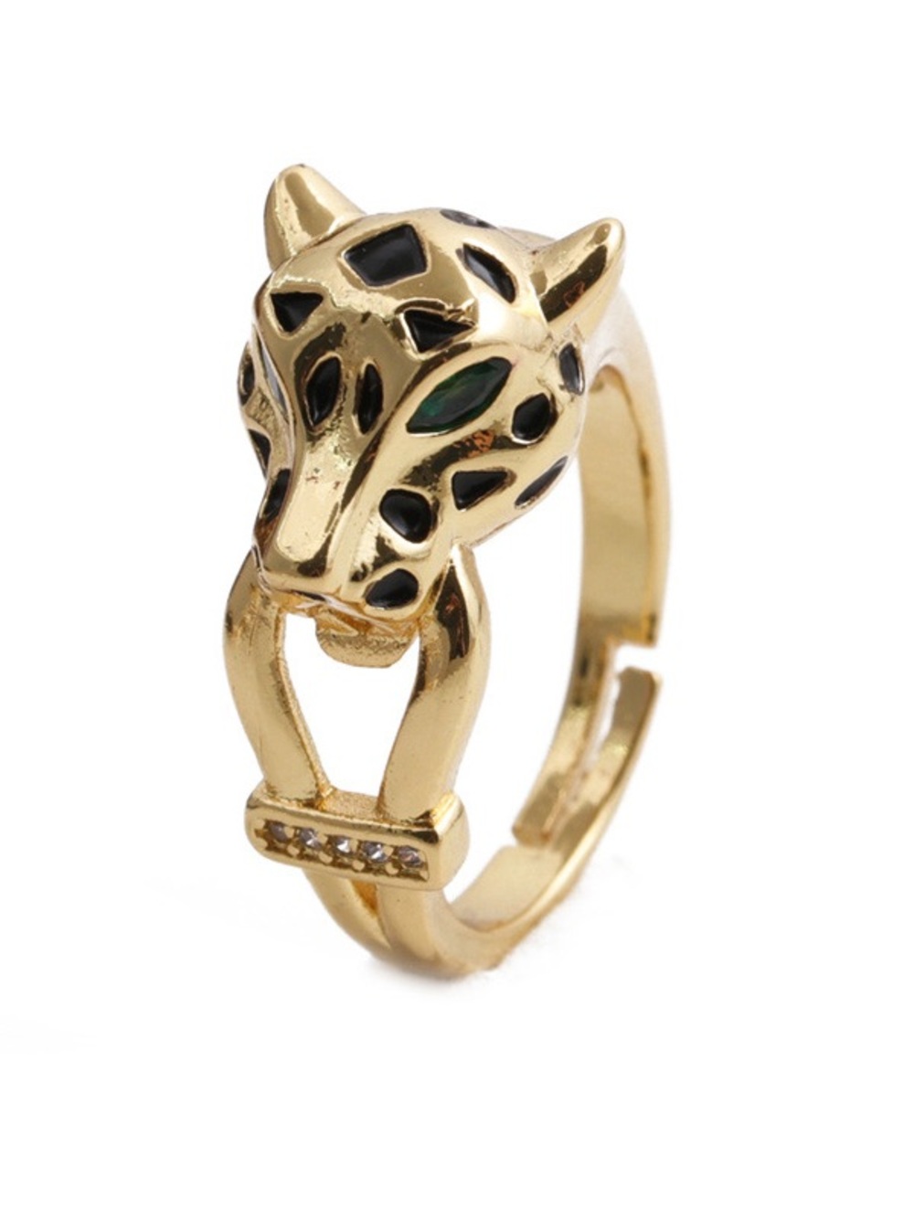 Gold Cat Head Statement Adjustable Ring with Black Enamel Accents